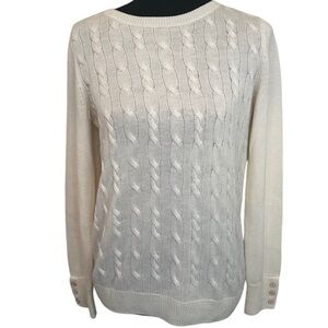 TALBOTS lambswool blend cable knit sweater Cream White Classic Crew Neck EUC